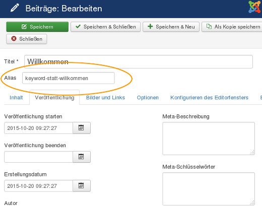 Alias - Dateiname in Joomla! setzen