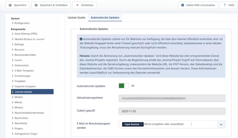 Optionen für Joomla Updates