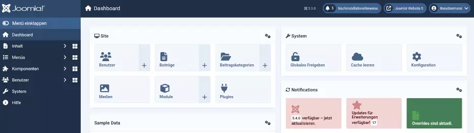 Dashboard Joomla 5, Anzeige Updates