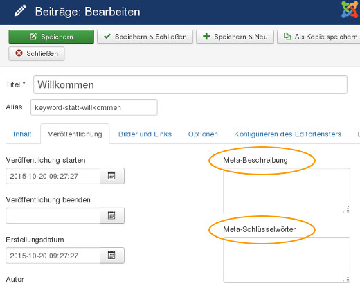 Meta-Angaben im Joomla! Beitrag angeben