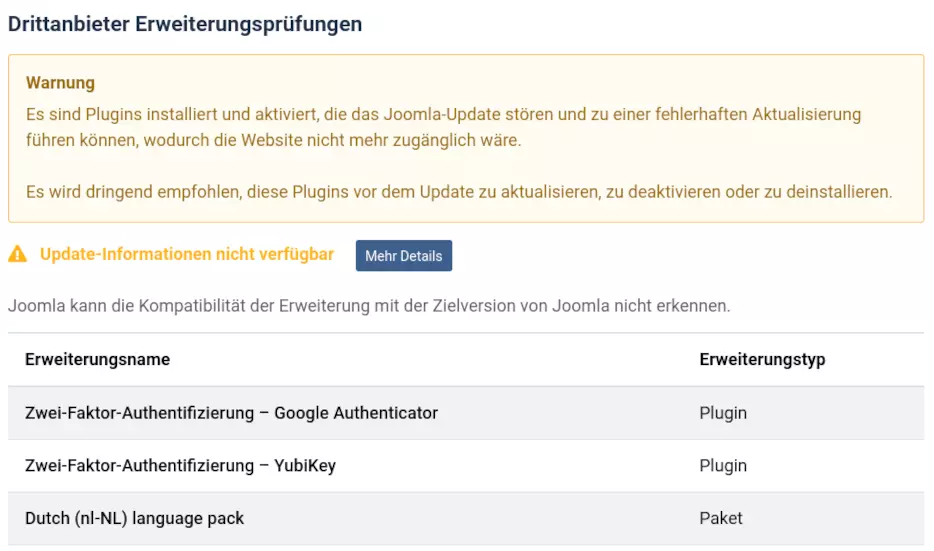 Warnung Erweiterungen vielleicht nicht kompatibel