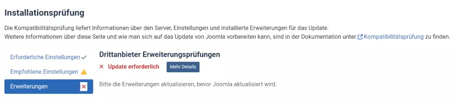 Fehleranzeige: Erweiterungen nicht kompatibel